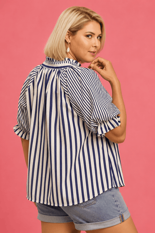 PLUS Seaside Stripe Blue Ruffle Detail Top - All About You