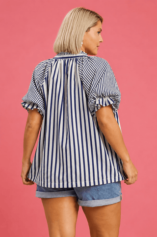PLUS Seaside Stripe Blue Ruffle Detail Top - All About You