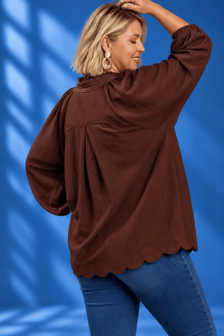 PLUS Toasted Walnut V Neck Scalloped Hem Top - All About You