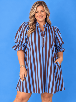 Plus Uptown Stripe Moment Blue & Brown Dress - All About You