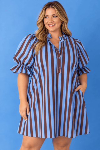 Plus Uptown Stripe Moment Blue & Brown Dress - All About You