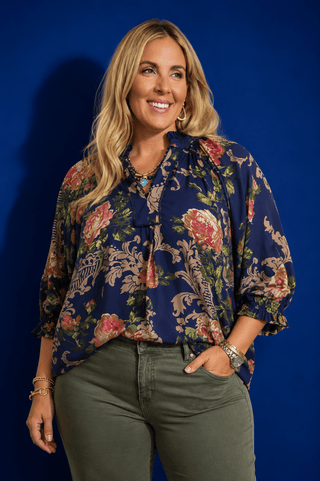 PLUS Vintage Navy Floral V-Neck Lace Trim Top - All About You