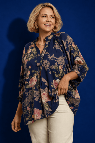 PLUS Vintage Navy Floral V-Neck Lace Trim Top - All About You