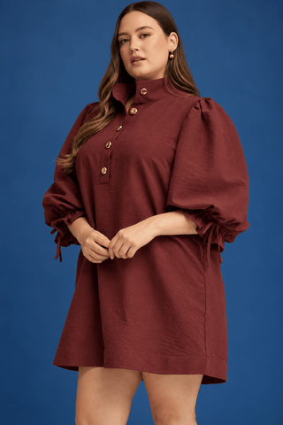 PLUS Vintage Vines Button Detail Puff Sleeve Mini Dress - All About You