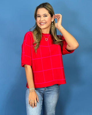 Poppy Lane Red & Pink Windowpane Plaid Knit Top - All About You