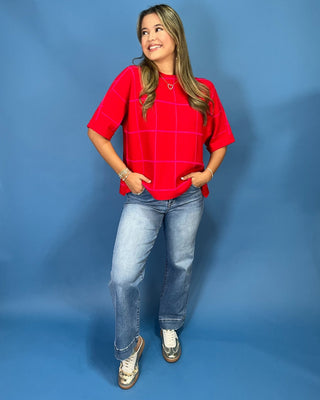 Poppy Lane Red & Pink Windowpane Plaid Knit Top - All About You