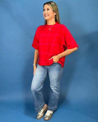 Poppy Lane Red & Pink Windowpane Plaid Knit Top - All About You