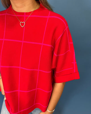 Poppy Lane Red & Pink Windowpane Plaid Knit Top - All About You