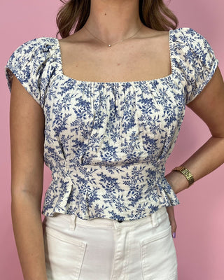 Porcelain Toile Floral Smocked Peplum Crop Top - All About You