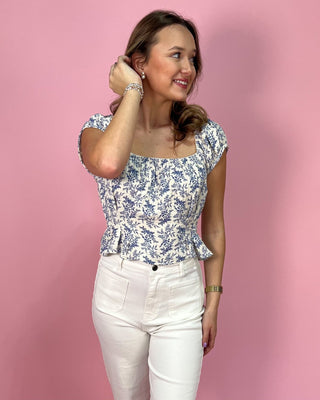Porcelain Toile Floral Smocked Peplum Crop Top - All About You