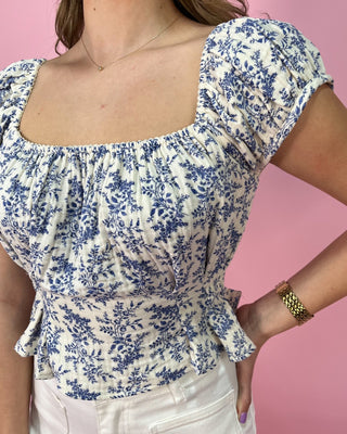 Porcelain Toile Floral Smocked Peplum Crop Top - All About You
