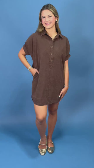 A woman modeling a brown short-sleeve button-front dress against a solid blue studio background.