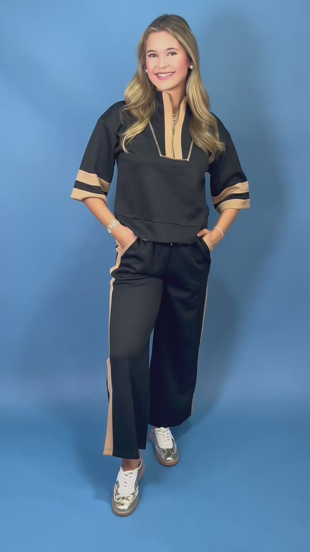 quarter zip top, wide leg pants, camel contrast trim, side pockets, elastic drawstring waist, and soft stretch fabric