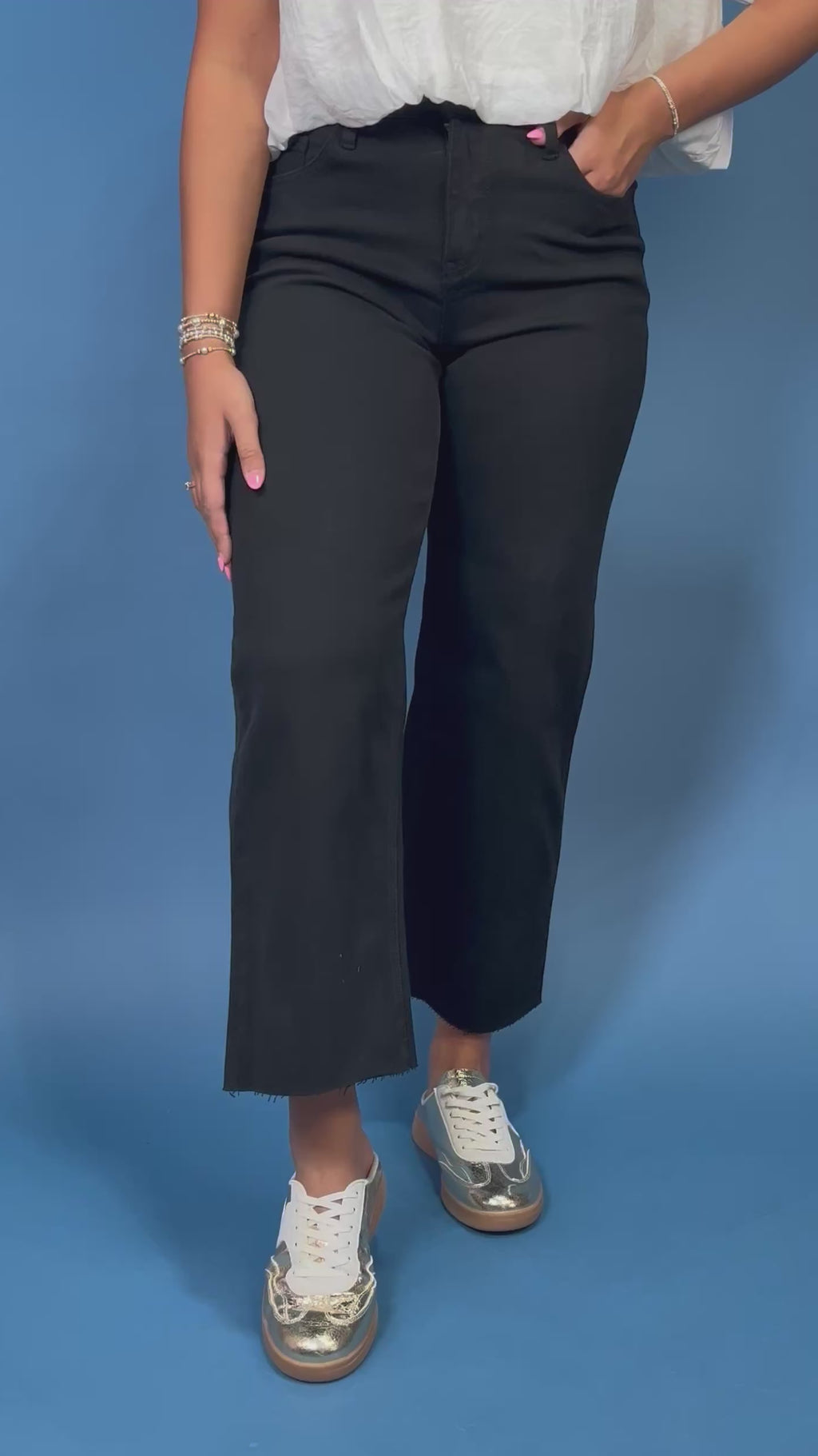 HR Wide Leg Crop Black Jeans featuring a flattering high-rise fit, cropped wide leg silhouette, soft stretch denim, and classic black wash.
