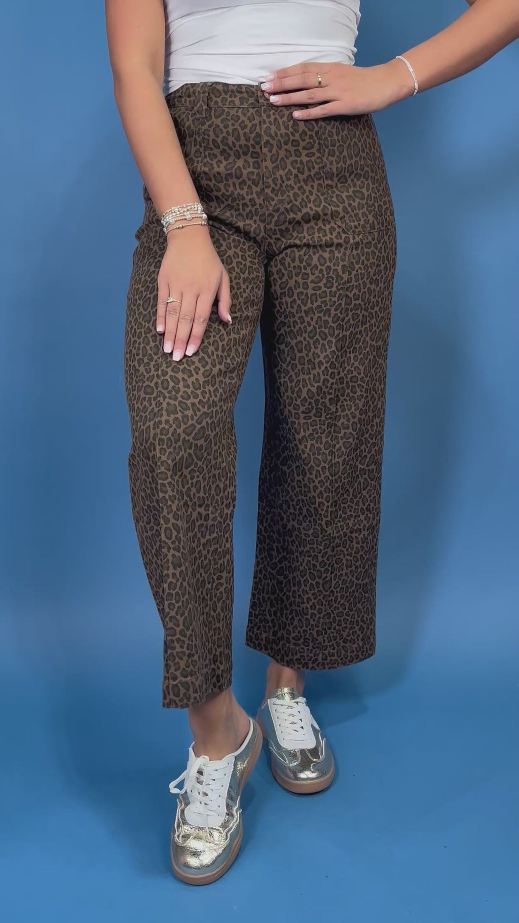 Brown leopard print high-rise pants with a flattering wide-leg silhouette, cropped length, and convenient side pockets.