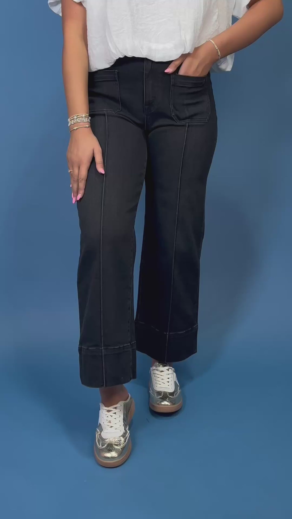 HR Pintuck Crop Wide Leg Jeans featuring a flattering high-rise fit, pintuck front seams, cropped wide leg silhouette, and stretch denim.