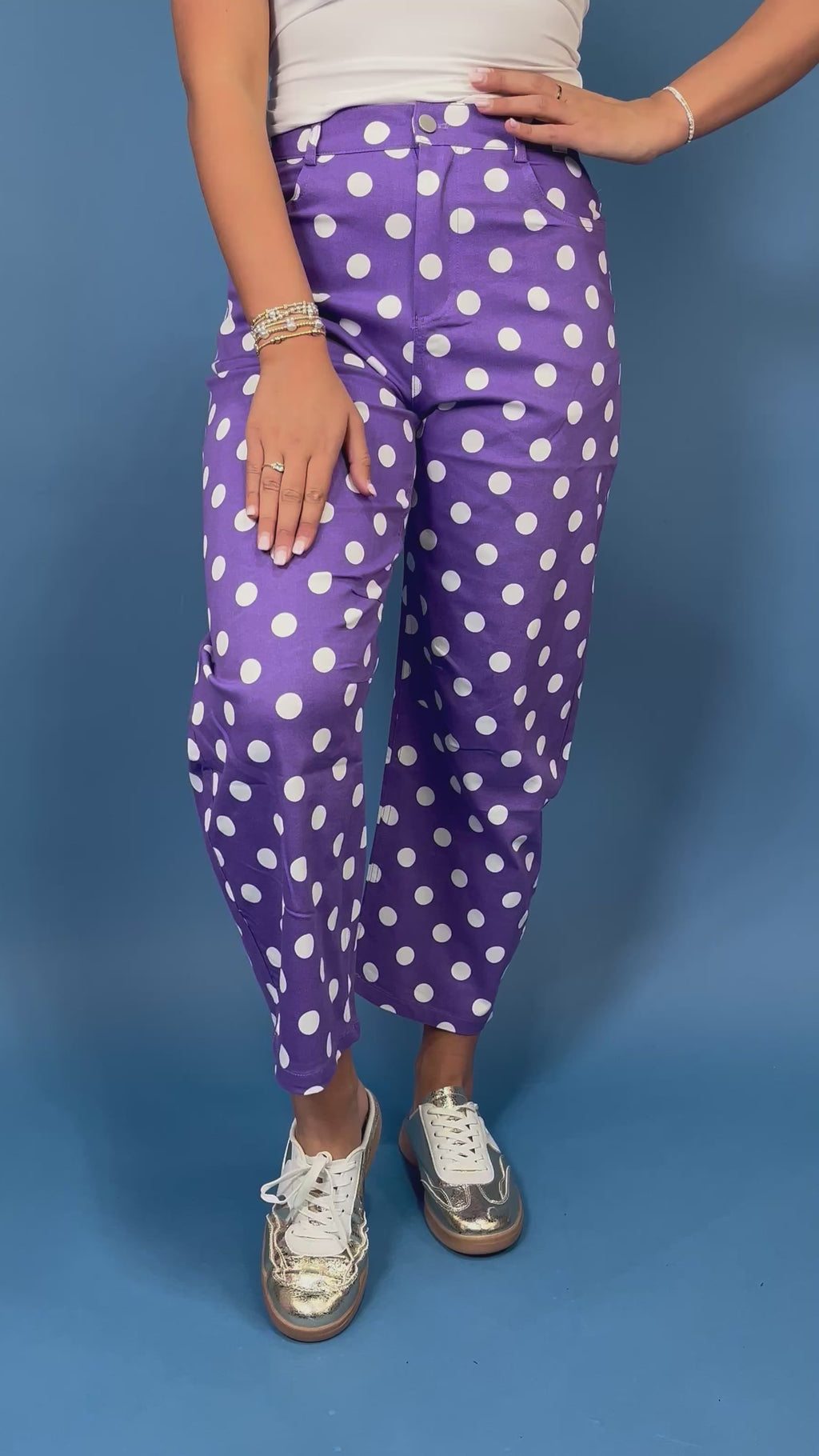 Purple high-rise polka dot pants with bold white dots, a flattering straight-leg silhouette, and cropped ankle length.