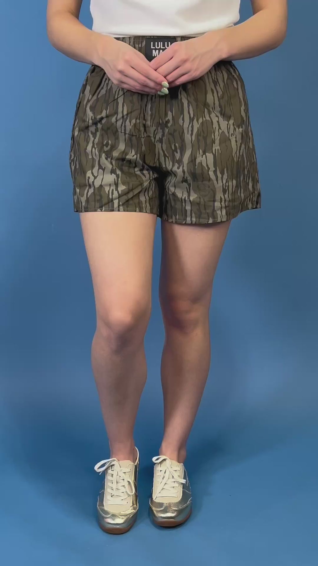 Lulu Mac camo print shorts featuring an elastic waistband, relaxed fit, side pockets, and a comfortable lightweight design.