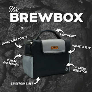 Kanga Brewbox with features highlighted on a dark background