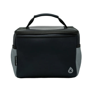 Black and gray cooler bag with a handle on a white background