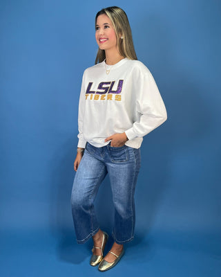Purple And Gold Spirit White Beaded Fleece Crewneck - All About You