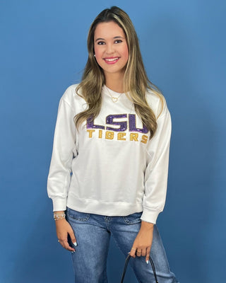 Purple And Gold Spirit White Beaded Fleece Crewneck - All About You