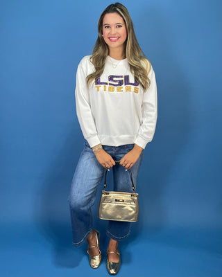 Purple And Gold Spirit White Beaded Fleece Crewneck - All About You