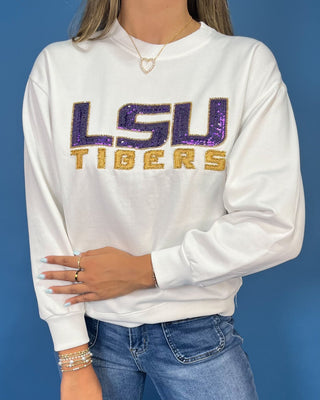 Purple And Gold Spirit White Beaded Fleece Crewneck - All About You