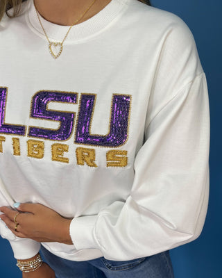 Purple And Gold Spirit White Beaded Fleece Crewneck - All About You