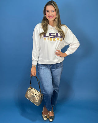 Purple And Gold Spirit White Beaded Fleece Crewneck - All About You