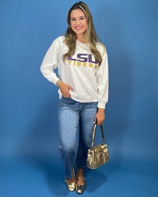 Purple And Gold Spirit White Beaded Fleece Crewneck - All About You