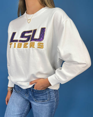 Purple And Gold Spirit White Beaded Fleece Crewneck - All About You
