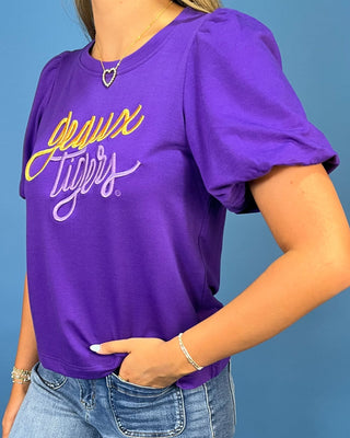 Purple Geaux Tigers Embroidered Puff Sleeve Top - All About You