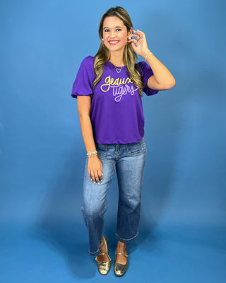 Purple Geaux Tigers Embroidered Puff Sleeve Top - All About You