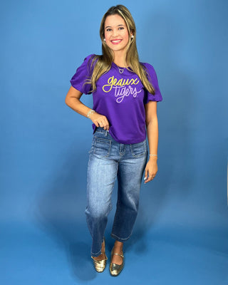 Purple Geaux Tigers Embroidered Puff Sleeve Top - All About You