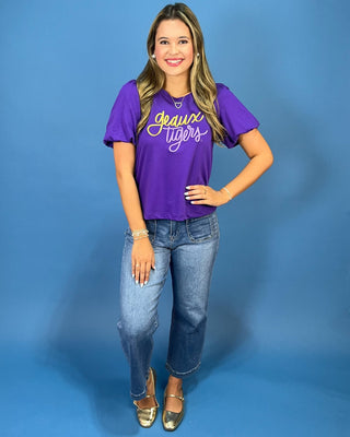 Purple Geaux Tigers Embroidered Puff Sleeve Top - All About You