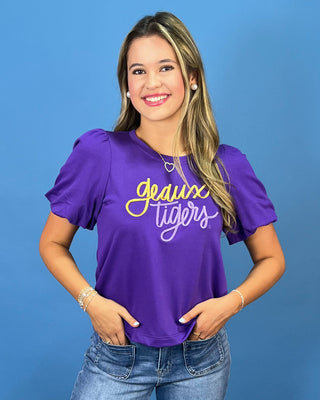 Purple Geaux Tigers Embroidered Puff Sleeve Top - All About You