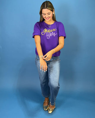 Purple Geaux Tigers Embroidered Puff Sleeve Top - All About You