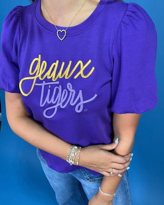 Purple Geaux Tigers Embroidered Puff Sleeve Top - All About You
