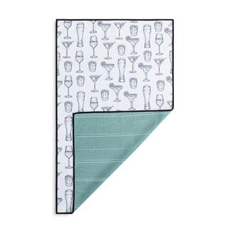 Tea towel with drink-themed pattern on a white background