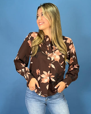 Rich Magnolia Brown Floral V-Neck Top - All About You