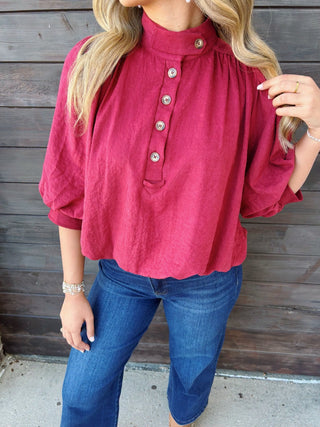 Rich Merlot Puff Sleeve Button Up Suede Mock Neck Top - All About You