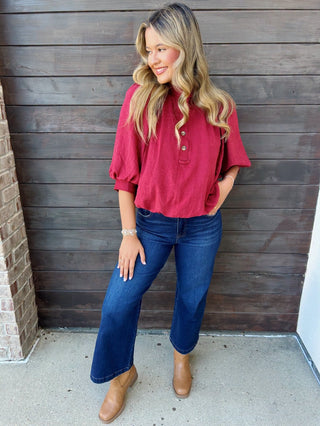Rich Merlot Puff Sleeve Button Up Suede Mock Neck Top - All About You