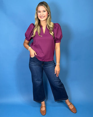 Rich Plum Textured V-Neck Puff Sleeve Top - All About You