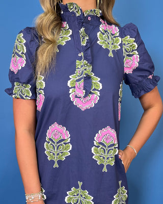 Royal Garden Navy Ruffle Collar Navy Floral Midi Dress - All About You