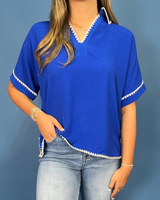 Royal Stroll Embroidered Detail Collared Top - All About You