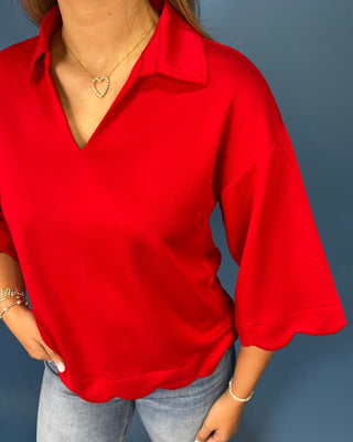 Ruby Days Scallop Trim Split V-Neck Collared Top - All About You
