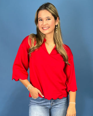 Ruby Days Scallop Trim Split V-Neck Collared Top - All About You