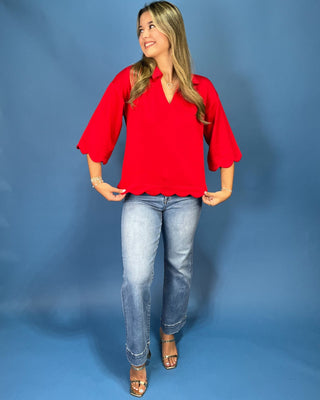 Ruby Days Scallop Trim Split V-Neck Collared Top - All About You