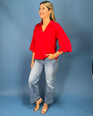 Ruby Days Scallop Trim Split V-Neck Collared Top - All About You